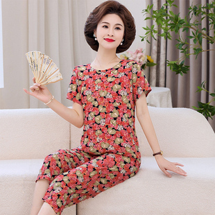 宽松睡衣绵绸夏季 可外穿中老年女人造棉绸家居服套装 春秋短袖 薄款