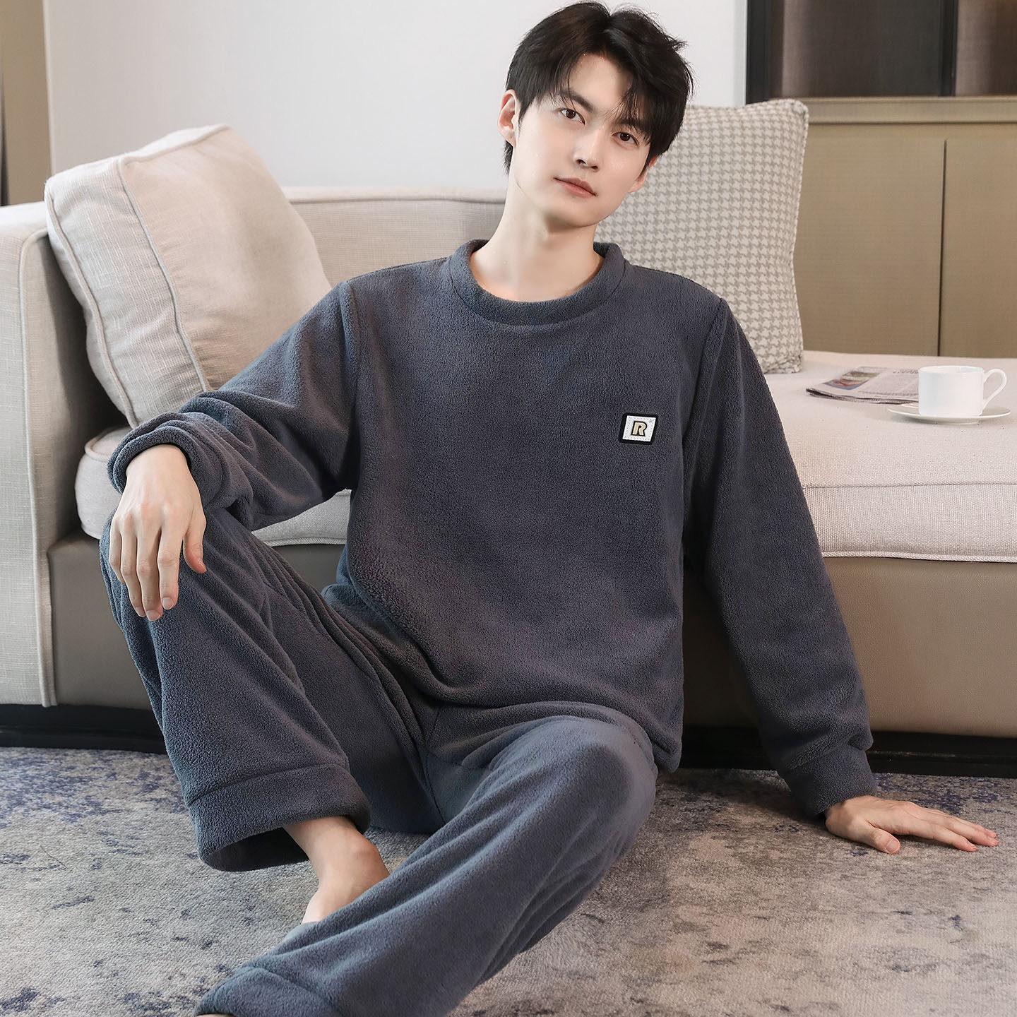 睡衣秋冬男士套头可外穿宽松加厚加绒珊瑚绒家居服保暖新款颗粒绒