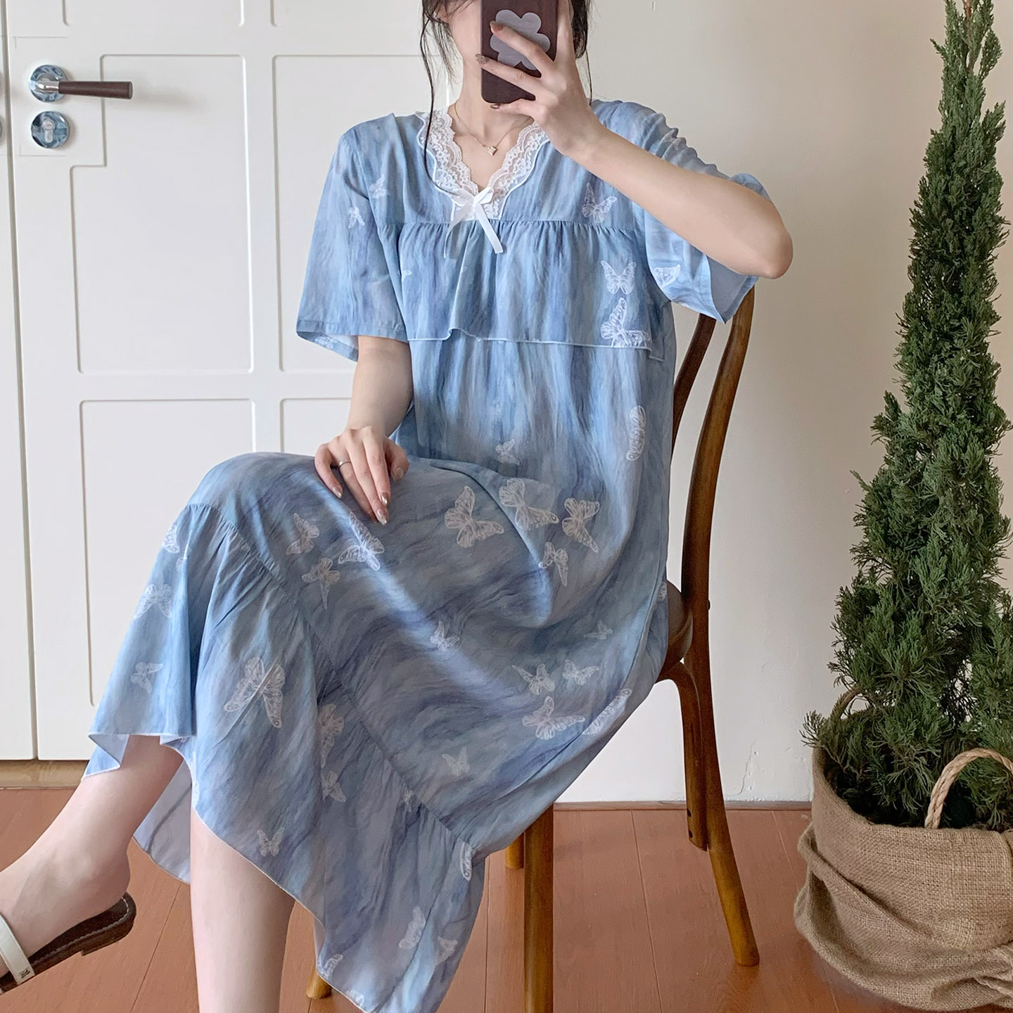 睡裙女棉绸薄款防凸点春秋套头短袖中长款宽松田园风睡衣绵绸夏天