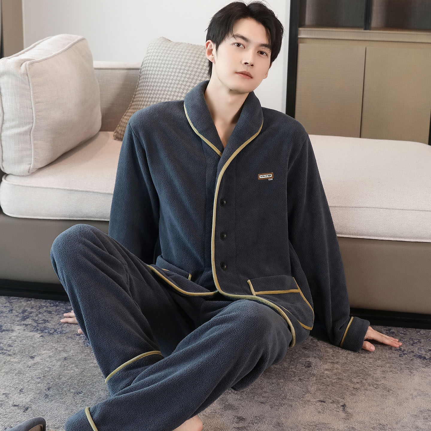 加厚加绒睡衣男士秋冬开衫颗粒绒