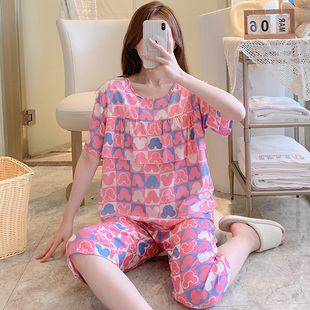 薄款 可外穿绵绸套装 棉绸睡衣女夏季 短袖 可爱 防凸点新款 家居服大码