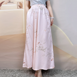 女棉绸睡裤双口袋绵绸阔腿裤春夏季薄款大码长裤子新中式国风裙裤