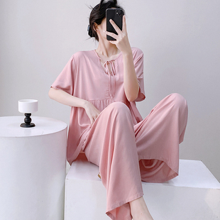 短袖 睡衣女棉绸新中式 可外穿家居服套装 田园国风春夏秋季 绵绸 薄款