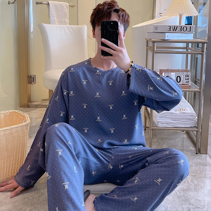 夏季薄款长袖人造棉绸睡衣男春秋款大码绵绸套装可外穿家居服大码