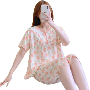 夏季短袖棉绸睡衣女薄款绵绸套装学生大码家居服日式外穿新款套头
