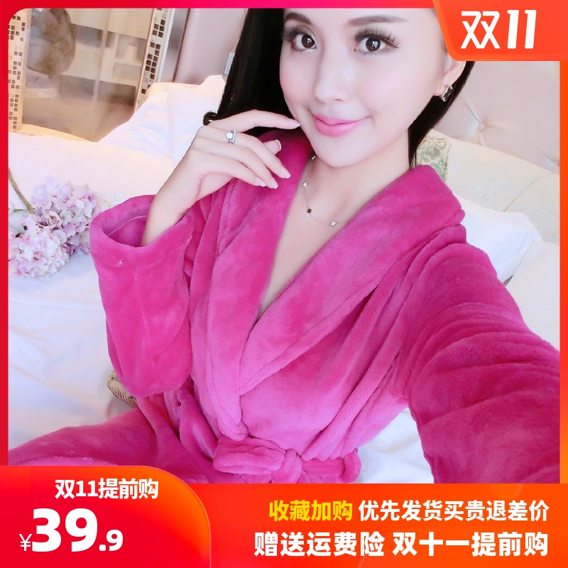 秋冬季珊瑚绒睡袍女士春秋加厚法兰绒睡衣情侣长款浴袍可爱家居服