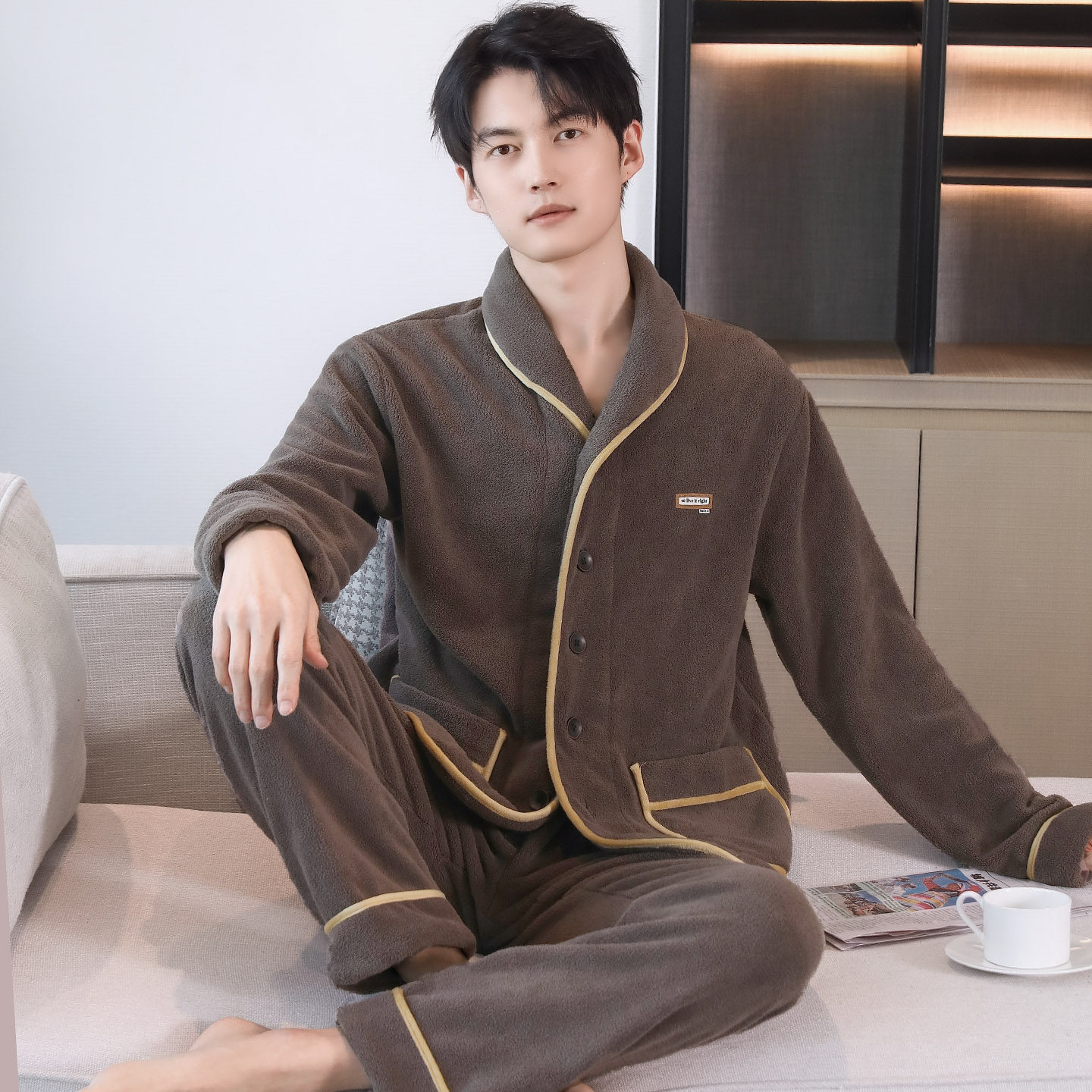 加厚加绒睡衣男士秋冬开衫颗粒绒