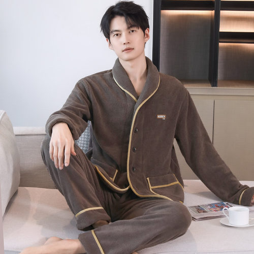 加厚加绒睡衣男士秋冬开衫颗粒绒