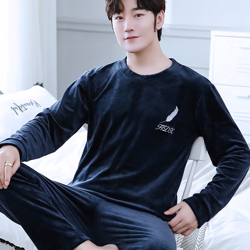 海岛绒薄款套装男士秋冬季珊瑚绒睡衣法兰绒春秋款保暖家居服大码