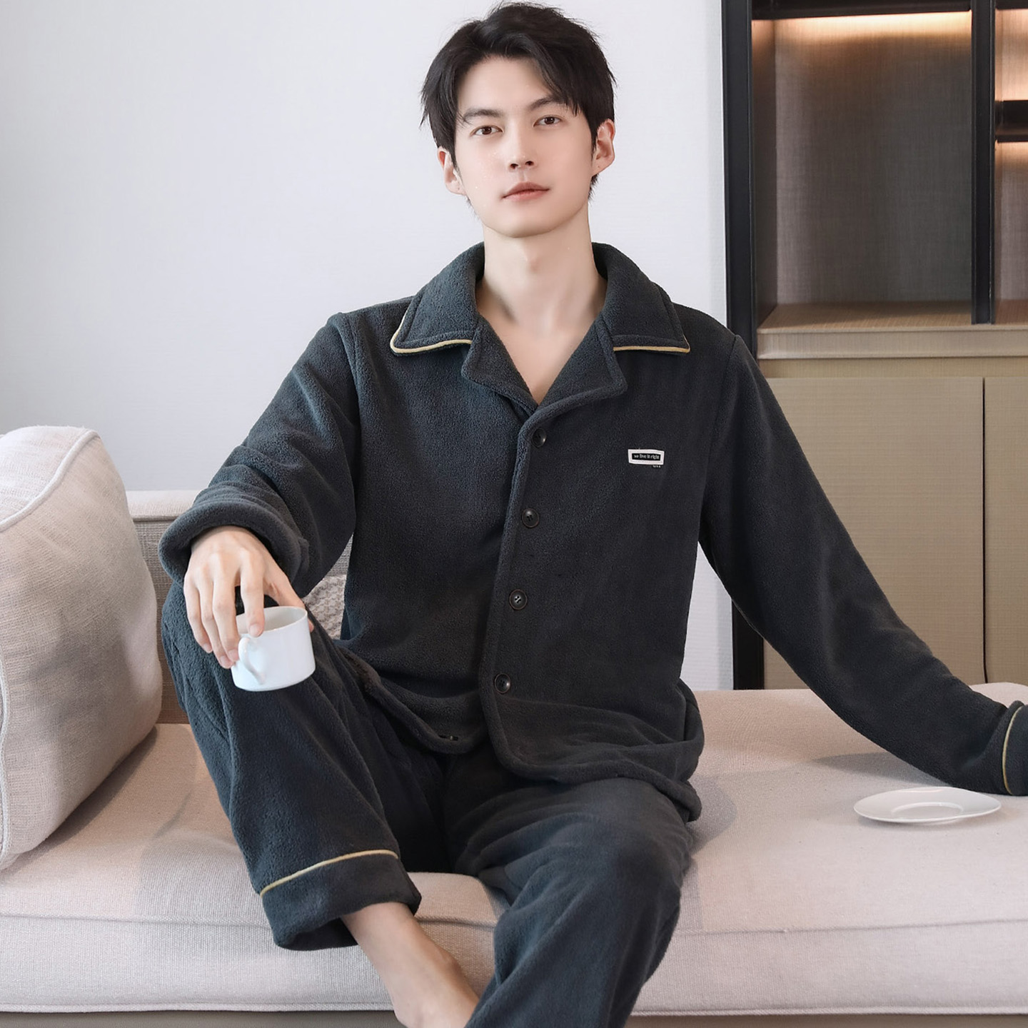 加厚加绒睡衣男士秋冬保暖颗粒绒