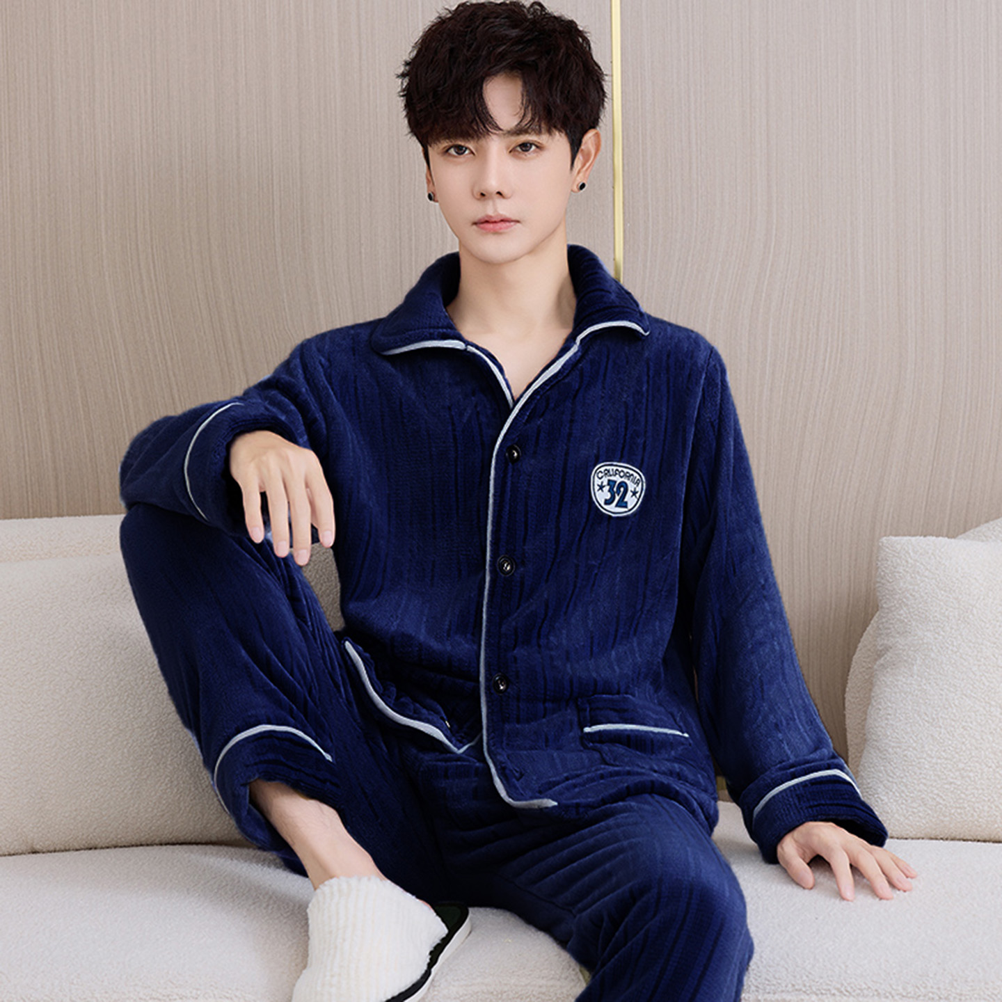 法兰绒睡衣男士秋冬季开衫保暖