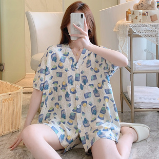 开衫绵绸套装睡衣女性感薄款短袖夏季棉绸可外穿小清新家居服大码