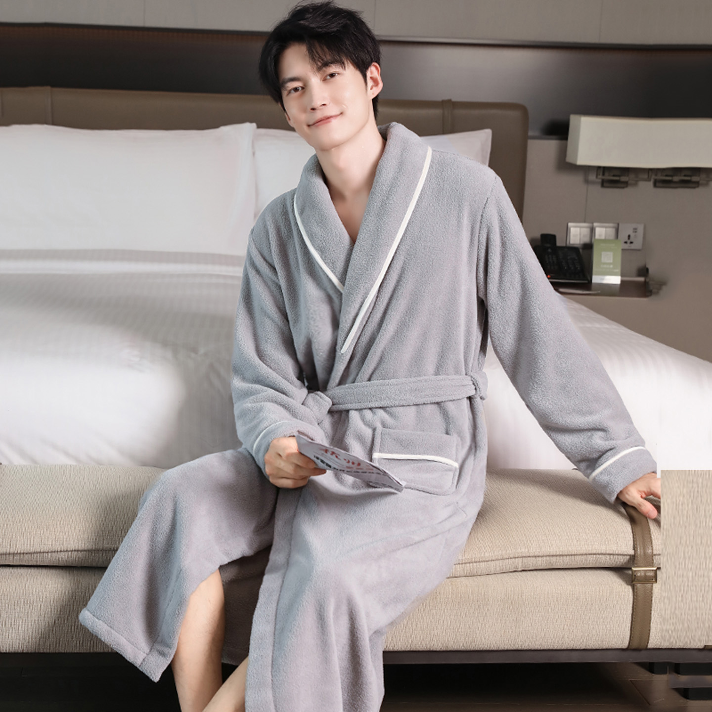 加厚加绒睡袍男士秋冬颗粒绒加长