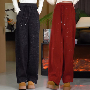 满天星亮片新年红加绒阔腿裤女2026冬季新款宽松显瘦直筒休闲裤子