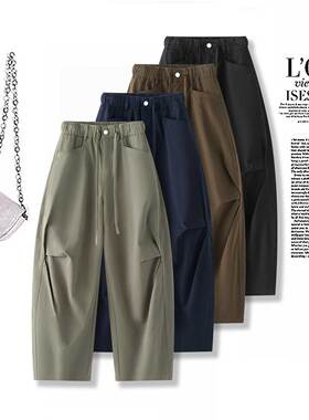 灰绿色高腰抽绳工装裤女2026秋季新款时尚松紧腰休闲阔腿弯刀裤子