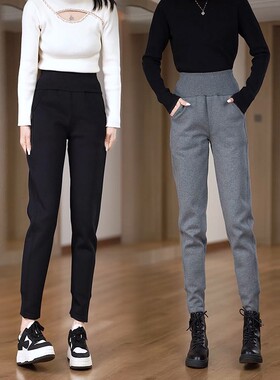 高腰加绒加厚螺纹脚口运动休闲哈伦卫裤子冬季加绒外穿显瘦春秋