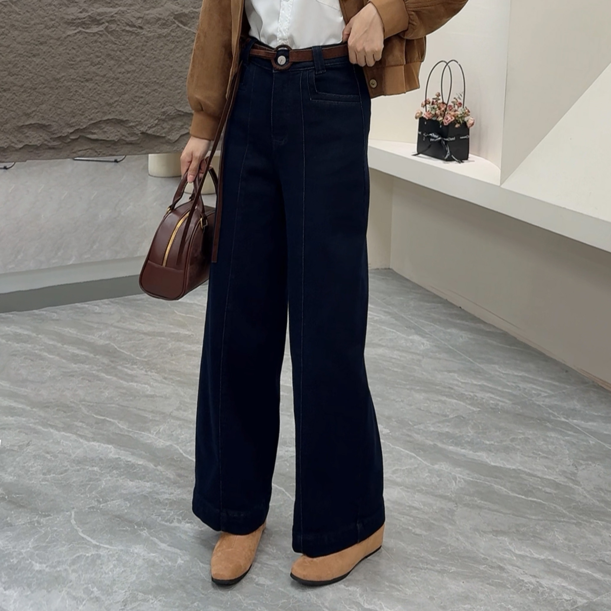 复古蓝直筒阔腿牛仔裤女