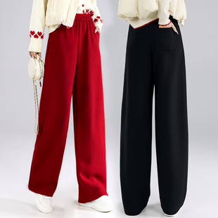 窄版加绒红色弯刀裤女2026冬季新款小个子卫裤运动裤阔腿香蕉裤子