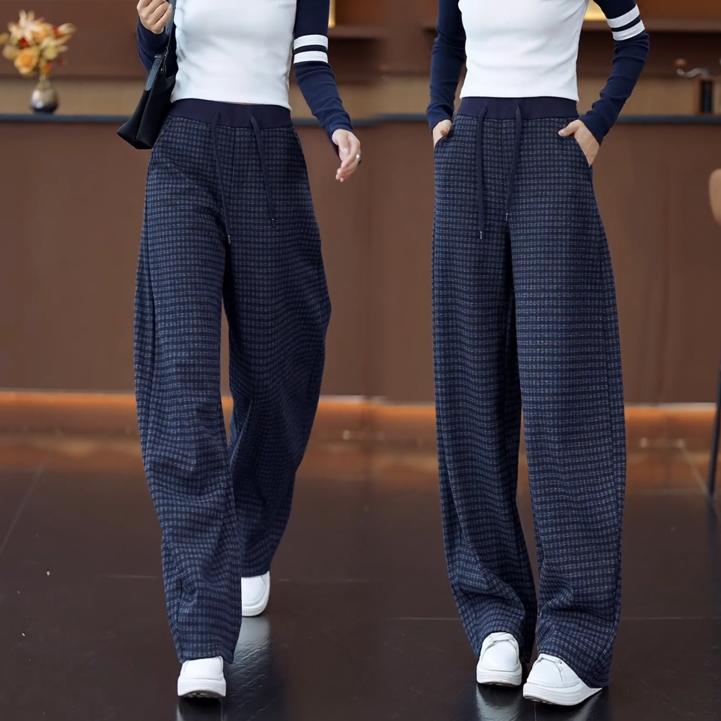 蓝色格子高腰休闲阔腿裤女