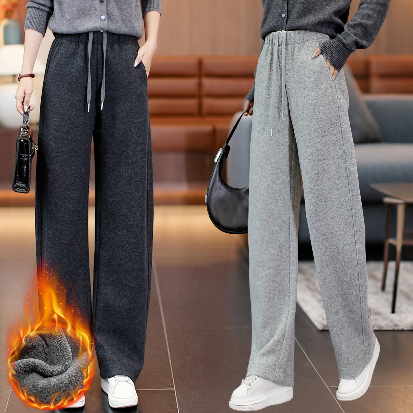 系绳松紧腰加绒羊毛呢休闲裤女秋冬季2026新款时尚显加厚弯刀裤子,女装/女士精品,休闲裤,淘宝优惠券,粉丝福利购,淘宝优惠卷