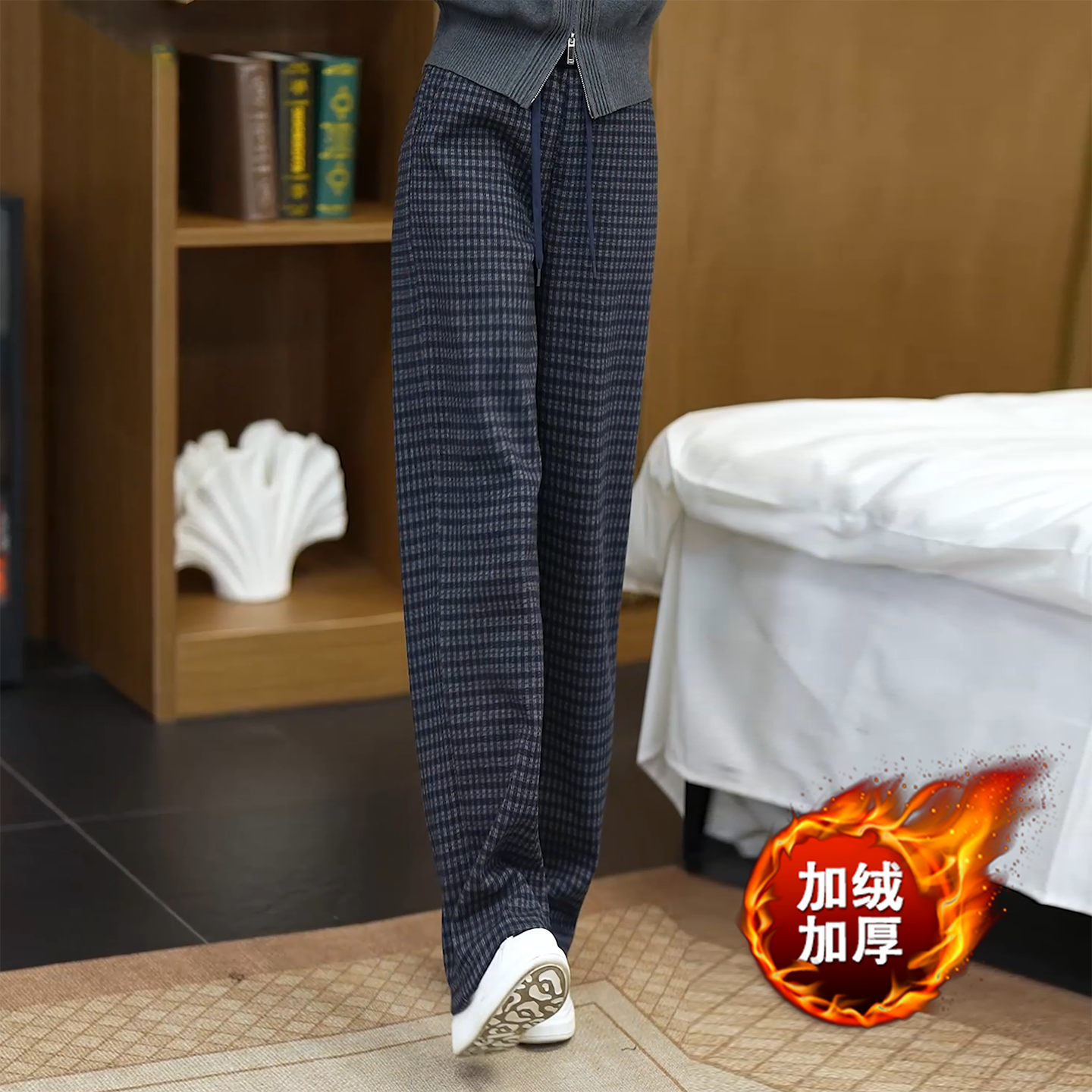 加绒保暖格子阔腿弯刀裤女秋冬新款加绒保暖宽松慵懒休闲直筒裤子,女装/女士精品,休闲裤,淘宝优惠券,粉丝福利购,淘宝优惠卷
