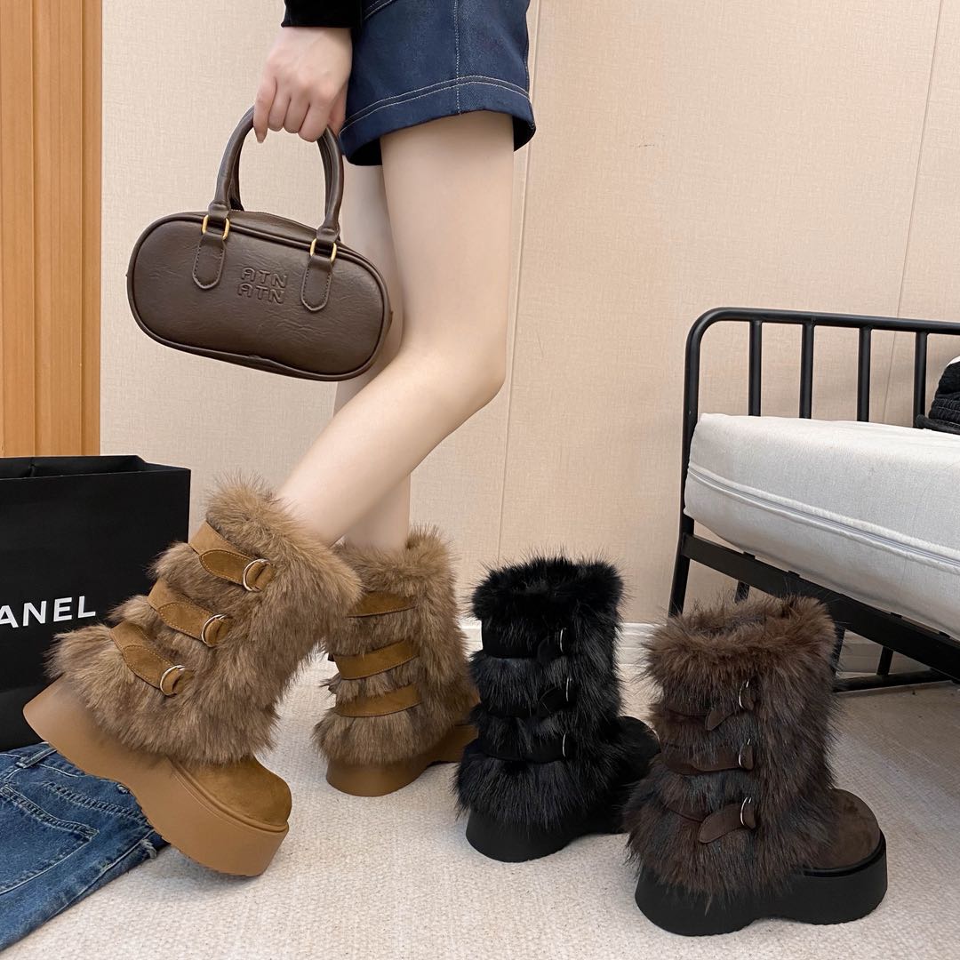 厚底毛毛雪地靴女2025冬季新款加绒加厚保暖中筒可爱毛毛靴