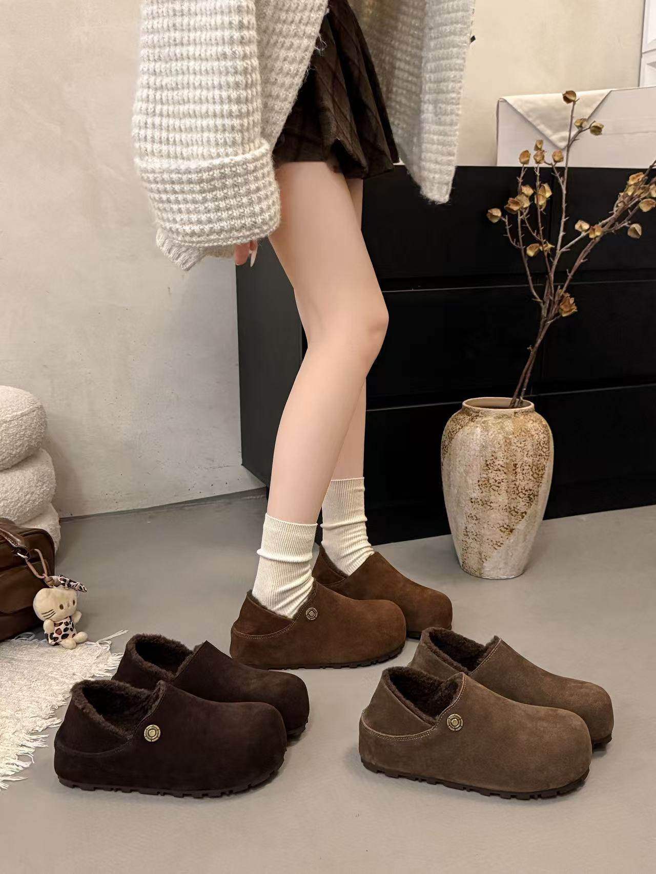 2025秋冬新款真皮羊毛平底勃肯鞋加绒保暖棉鞋一脚蹬懒人鞋女,女鞋,勃肯鞋/软木鞋,淘宝优惠券,粉丝福利购,淘宝优惠卷