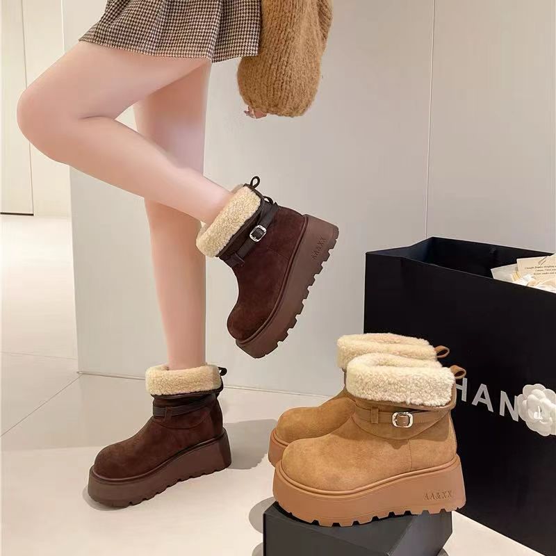 小个子厚底增高雪地靴女2025冬季新款皮毛一体棉鞋复古两穿短靴