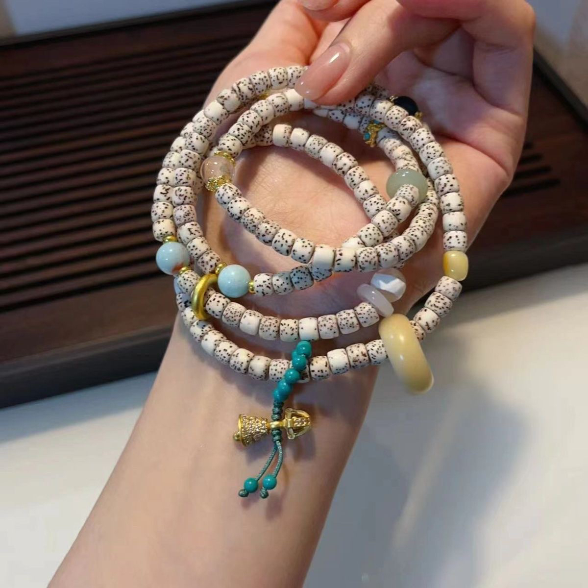 星月多圈搭配菩提跑环一线玛瑙老油绿松石天然蜜蜡多圈手链项链