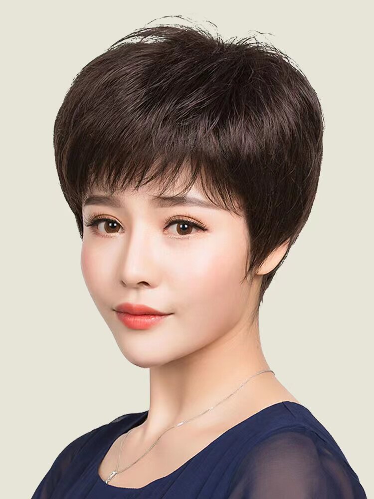 中老年妇女短发母亲式真发女士全头套自然真发假发套全真发