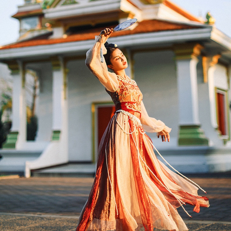 麦叙玄女 异域风敦煌飞天原创正品汉服女唐制古装改良坦领连衣裙