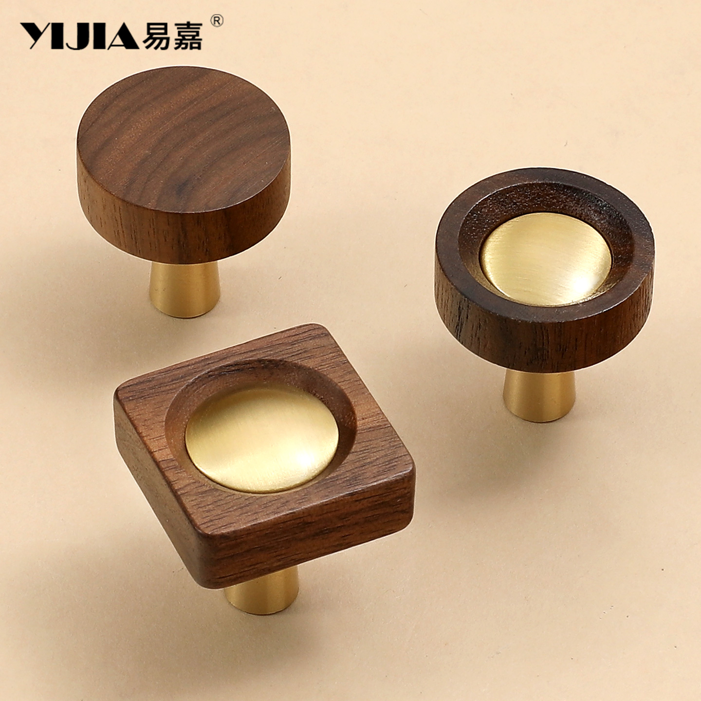 中古风胡桃木黄铜底座单孔拉手