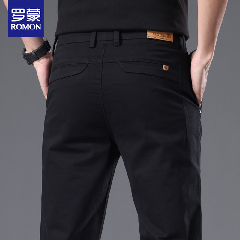 罗蒙高端男士休闲裤秋季新款青年纯棉宽松直筒百搭时尚纯色长裤子