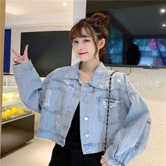 2021 New Retro Hong Kong style small bat sleeve loose hole Denim Jacket Women's wear