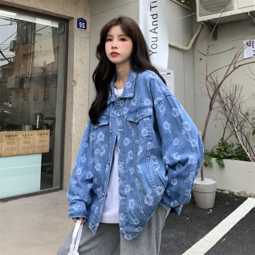 Real shot cowboy coat women's spring and Autumn New Korean loose Hong Kong Style printed work clothes top