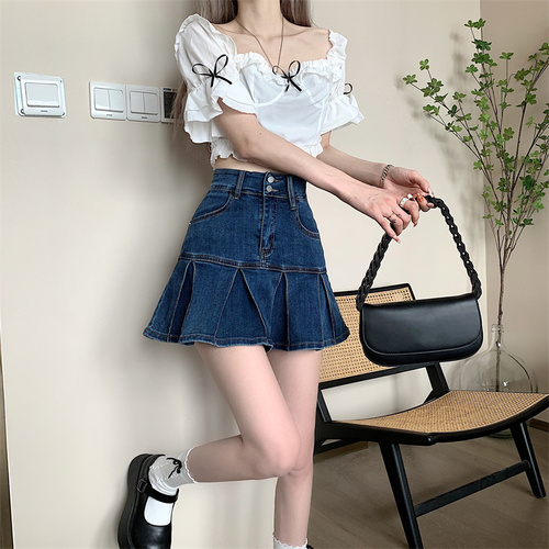 Denim skirt women's spring small pleated skirt new high waist slim word skirt short skirt