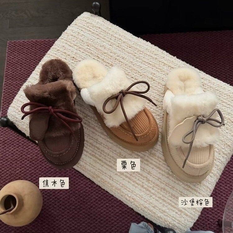 品牌断码2026新款真皮厚底包头拖鞋女外穿蝴蝶结毛毛拖鞋女棉拖鞋