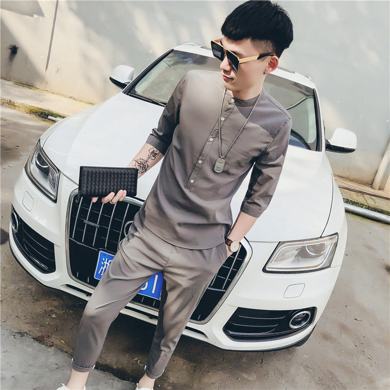 男士休闲套装2019新款社会人潮流夏天冰丝帅气发型师九分裤两件套