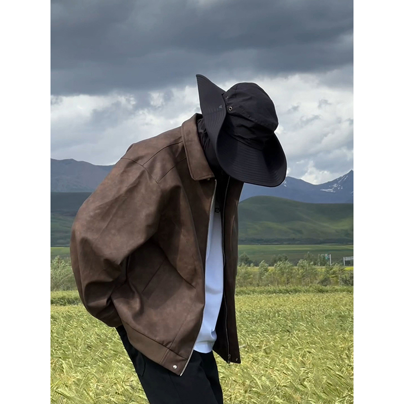 美拉德棕咖色皮衣外套男款春秋季防水翻领工装夹克美式机车骑行服