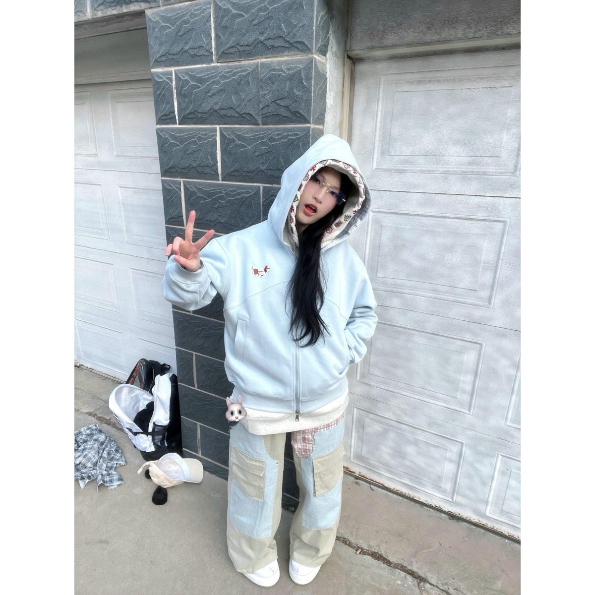 潮牌腊肠狗格子拼接开衫