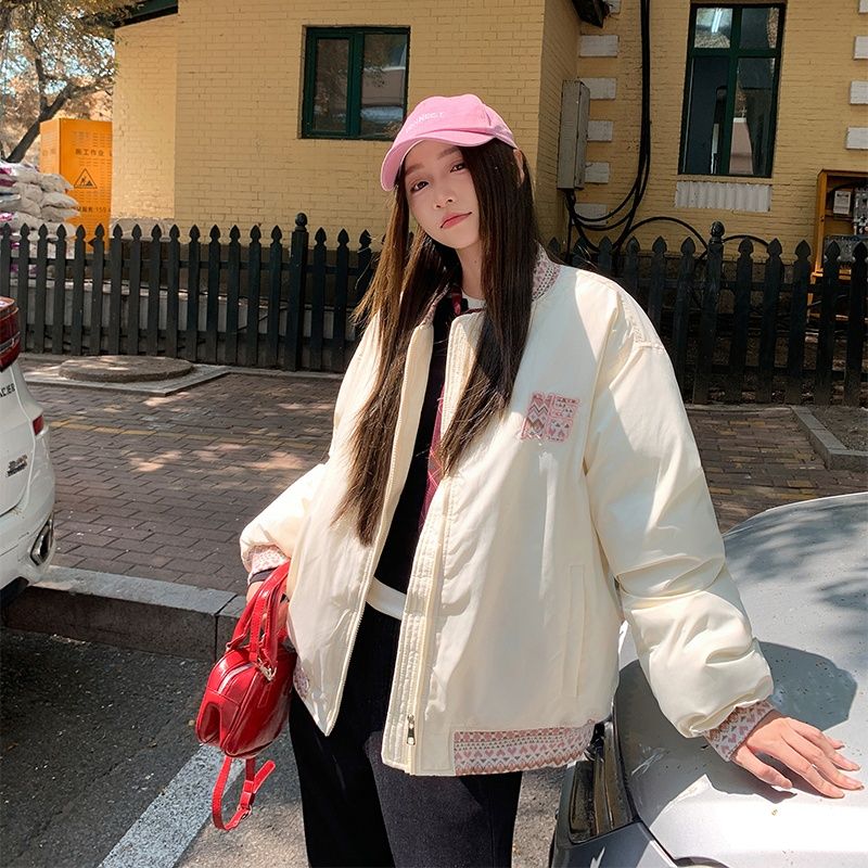 情侣棉服2025年提花夹克男女美式冬季复古新款设计棒球拼接宽松