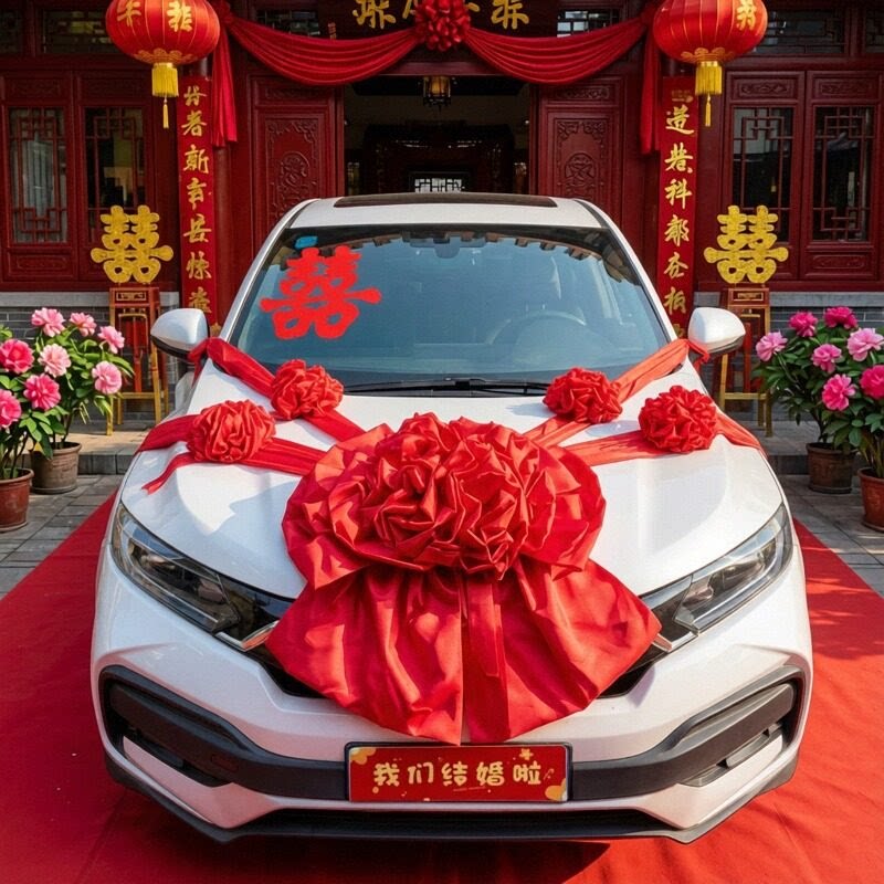 网红中式婚车大红绣球花装饰套装