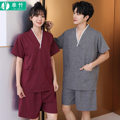 芈竹汗蒸服男套装桑拿服苎麻足疗情侣女款浴衣家居睡衣大码洗浴