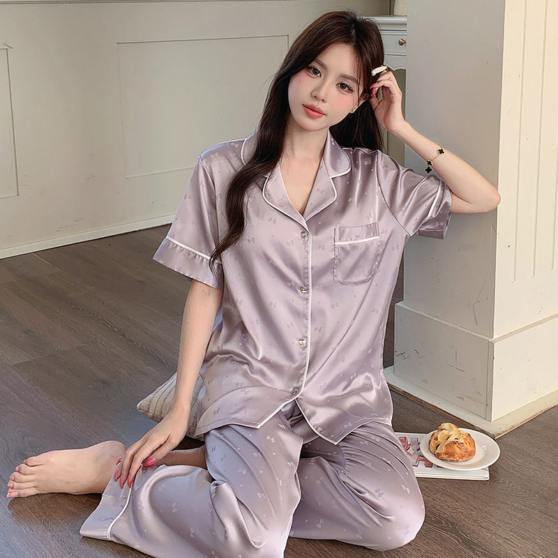 冰丝睡衣女夏季短袖长裤套装色织提花翻领家居服可外穿绸缎仿真丝