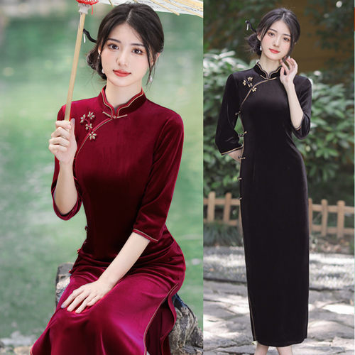 纯色旗袍春季新款改良中袖长款复古上海黑色气质年轻女妈妈金丝绒