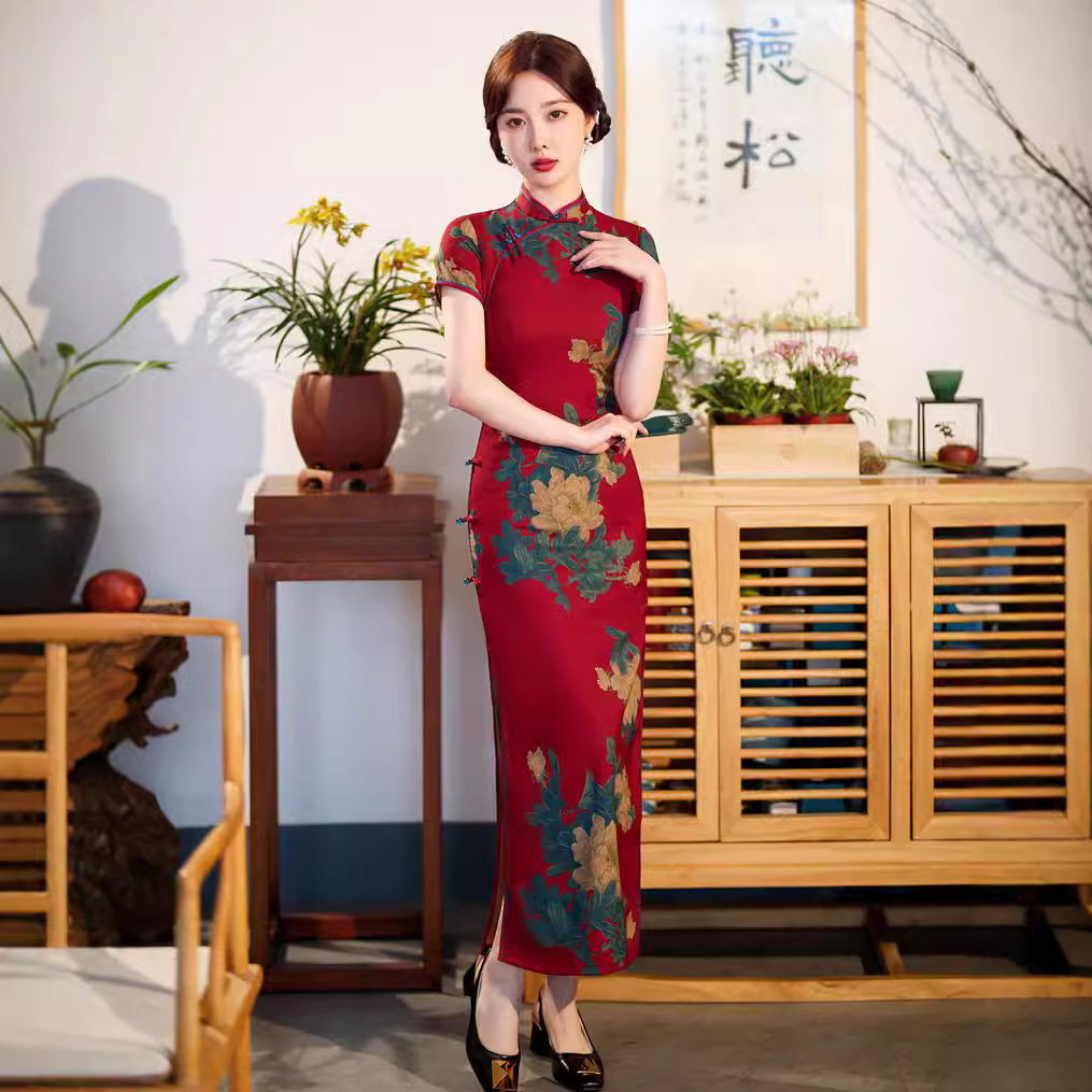 提花面料长款旗袍2026春款文艺复古中国风妈妈日常走秀连衣裙礼服