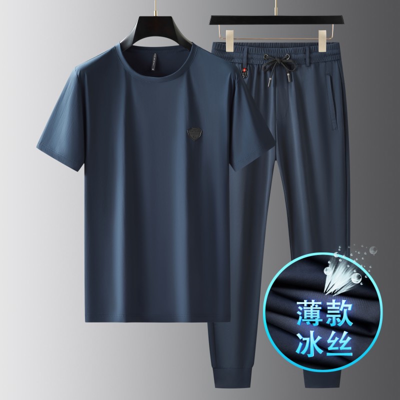 冰丝运动套装夏季超薄款短袖运动套装男士休闲裤子t恤两件套跨境