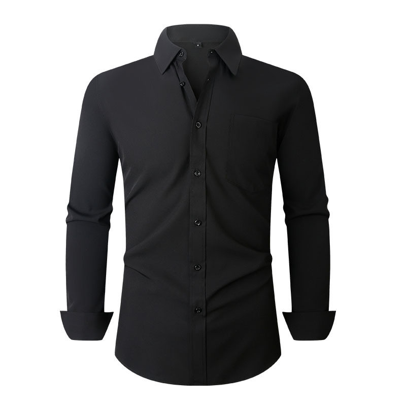 男款黑衬衫大码男式长袖开衫休闲男衬衣弹力宽松纯色口袋男士上衣