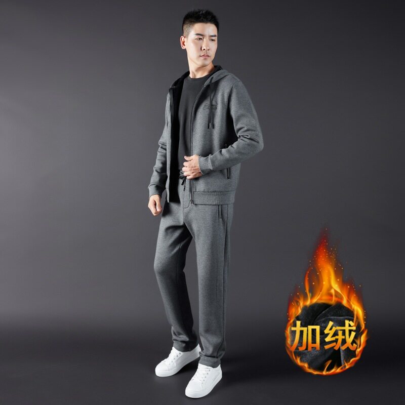 运动套装男装加绒连帽运动服一套冬季加厚开衫卫衣男士休闲套装38
