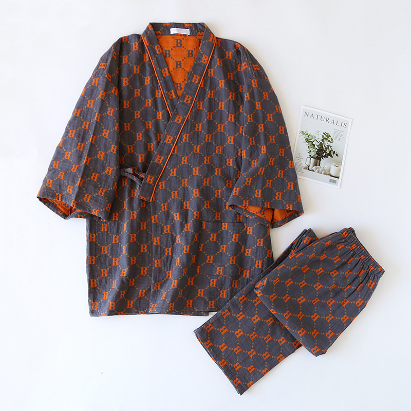 色织提花和服睡衣套装情侣九分袖长裤男女汉服家居汗蒸温泉两件套